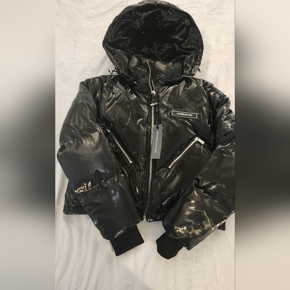Maniere De Voir Black Glossy Puffer Jacket with Hood